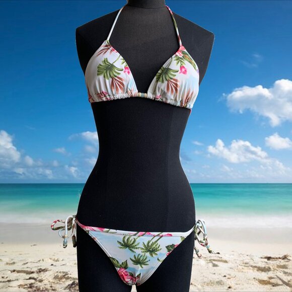 Billabong surf BLUE CRUSH Vintage bikini floral beaded triangle low rise RARE - Picture 1 of 8